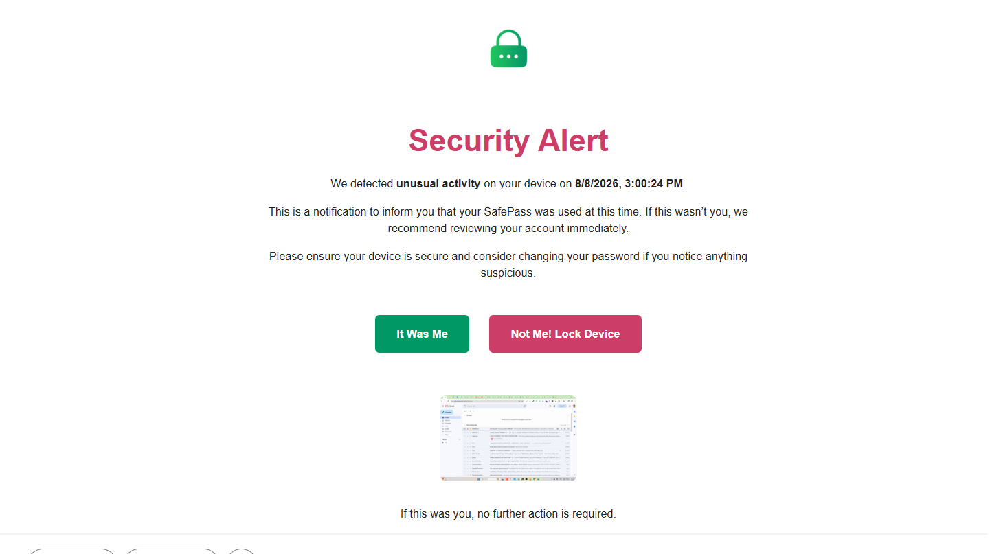 SafePass unusual activity security email