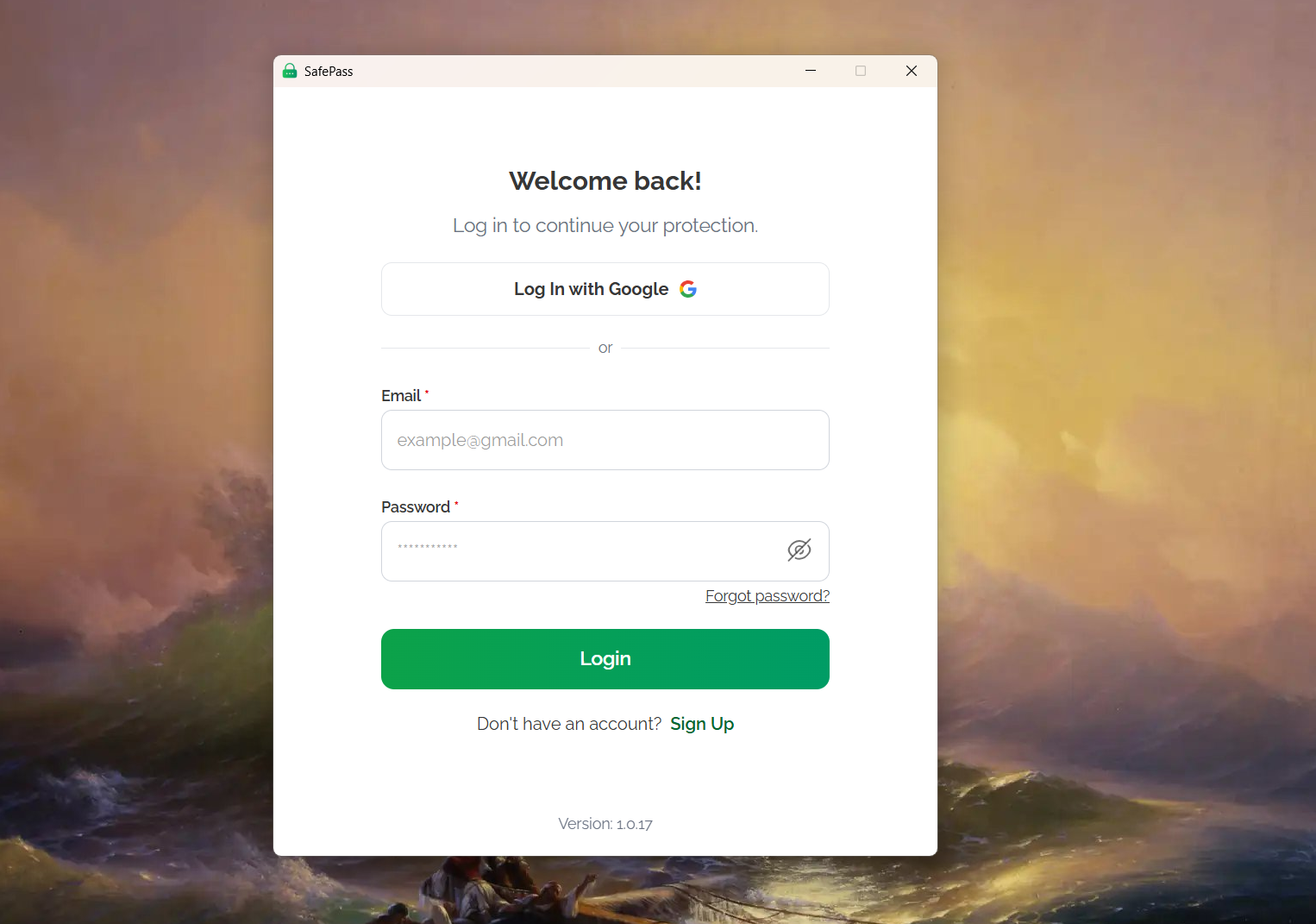SafePass login screen