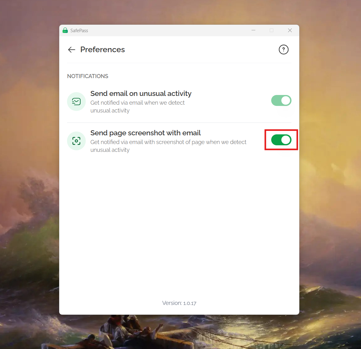 SafePass security notification settings